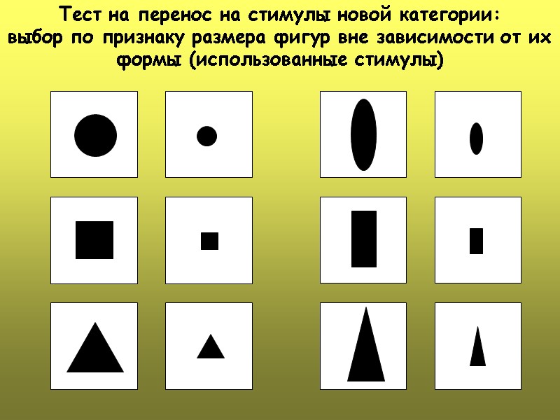 Тест на перенос на стимулы новой категории: выбор по признаку размера фигур вне зависимости